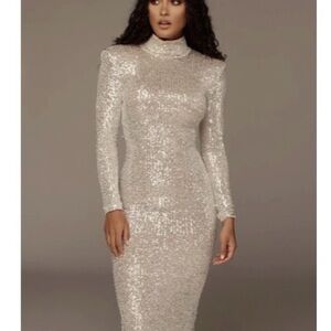 Sequin High-Neck Long-Sleeve Sheath Dress - Silver